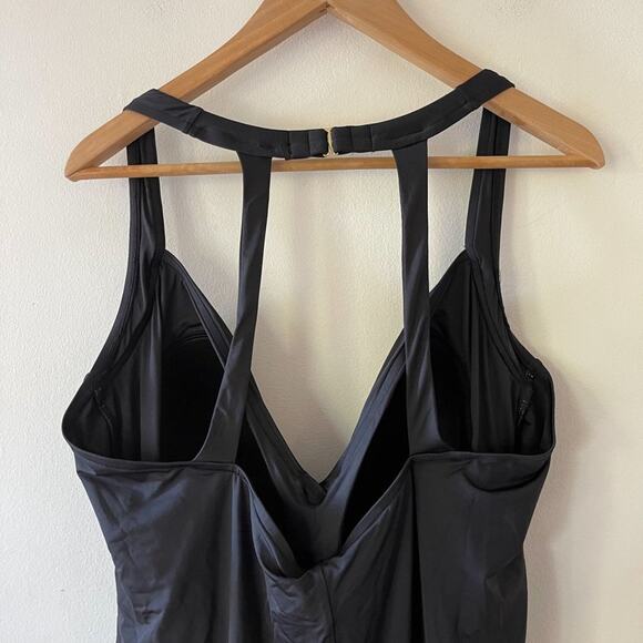 Badgley Mischka Ruched One Piece Swimsuit Womens 24W Black V Neck Swim NEW - Picture 5 of 13